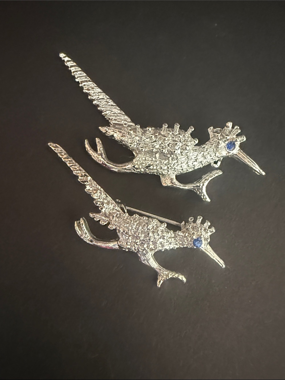 Vintage Silver Tone Bird Brooch Pin Set of 2 Blue Rhinestone Eyes